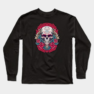 Cool Day of the Dead Sugar Skull with Roses Long Sleeve T-Shirt